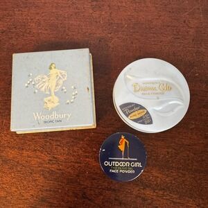 VNTG "Outdoor Girl" Olive Oil Face Powder Round 1930 & Woodbury Box Dream Glo